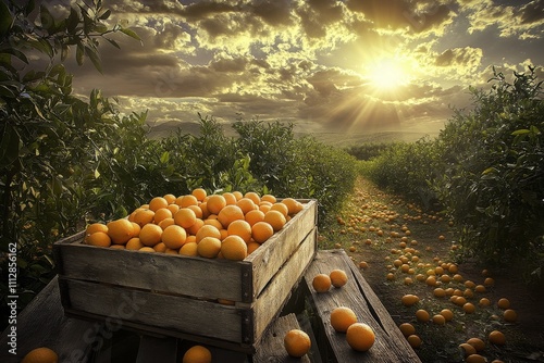 Golden oranges harvested at sunset in a tranquil orchard landscape