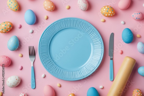 Colorful Easter setting with pastel eggs and blue plate on pink background
