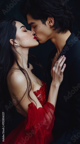 Romantic couple sharing a kiss in an elegant setting with dramatic lighting