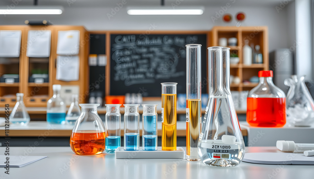 Desk in chemistry class with test tubes isolated with white highlights, png