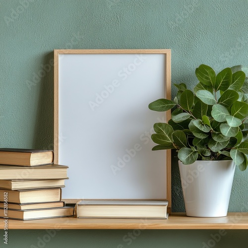 Books and a plant on a shelf with a blank frame against a green wall