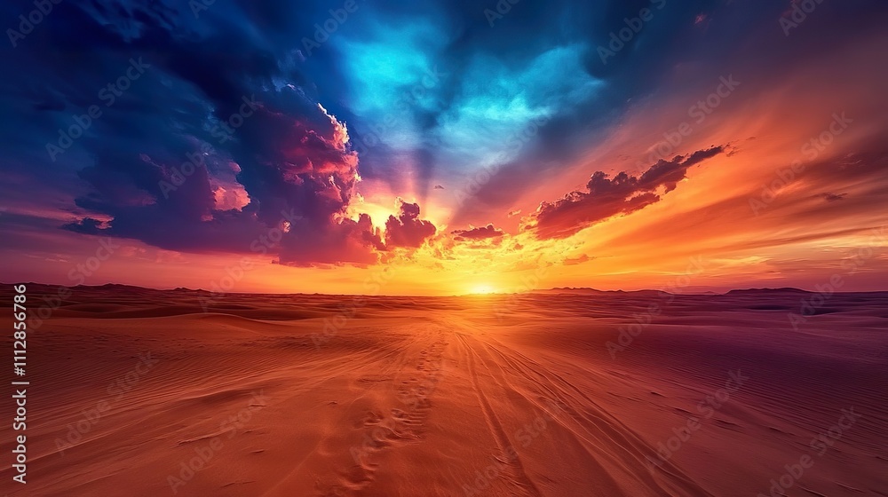 Dramatic sunset over a vast desert landscape with colorful skies Dramatic sunset over a vast desert landscape with colorful skies