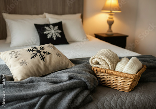 Preparing a cozy guest room for the winter holidays with warm blankets, holiday-themed pillows, and welcoming decor, emphasizing the hospitality concept.