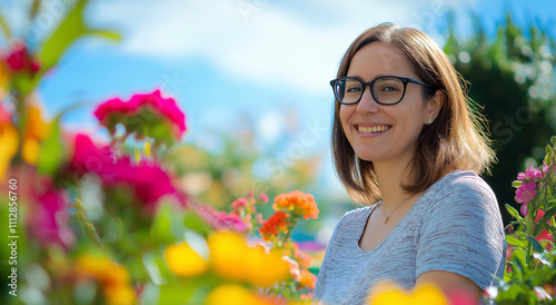 Mulher sorrindo de óculos em um jardim vibrante, cercada por flores coloridas sob um céu ensolarado. photo