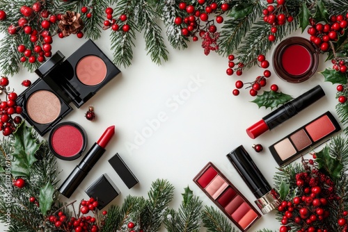 Festive makeup display with red cosmetics and holiday decorations on white su...