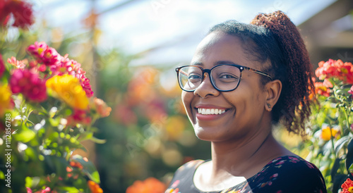 Mulher sorrindo de óculos em um jardim vibrante, cercada por flores coloridas sob um céu ensolarado. photo