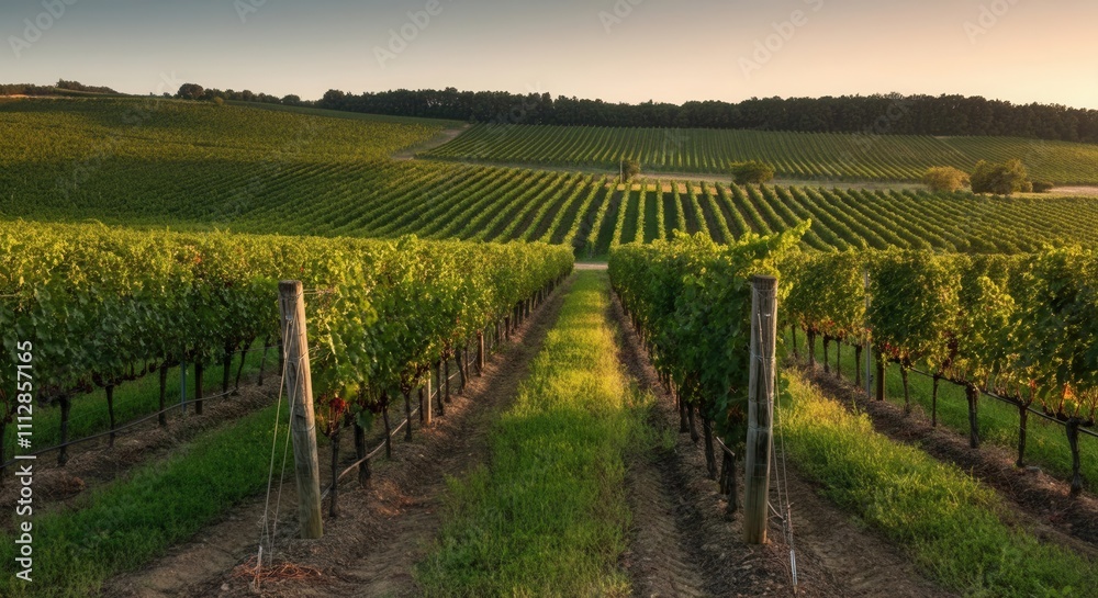 Fototapeta premium Golden hour sunlight lush vineyard landscape