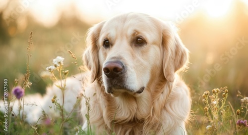 Serene golden retriever enjoying sunset in the meadow