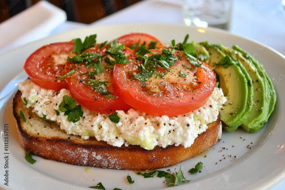 Fresh and flavorful toast topped with creamy ricotta, juicy tomato slices, and avocado. A simple yet satisfying meal. Fresh and flavorful toast topped with creamy ricotta, juicy tomato slices, and avocado. A simple yet satisfying meal.