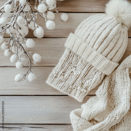 Warm winter accessories on a wooden table with festive decorations and pinecones
