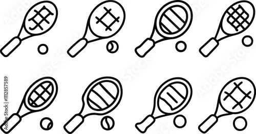 detailed illustration of multiple tennis rackets paired with tennis balls vector collection