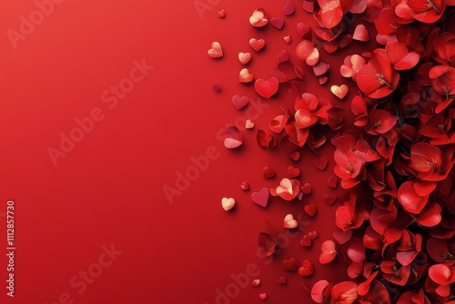 Bright red background with scattered red beads creating a bold visual contrast