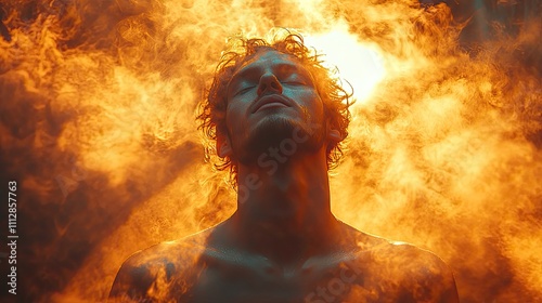 young man praying in the smoke on the background of the rays of the sun worship photo