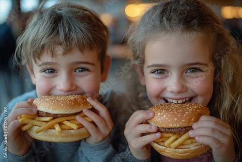 Two smiling children enjoy burgers and fries in a casual dining restaurant du...