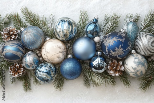 Decorative winter arrangement with blue and silver ornaments and pine cones o...