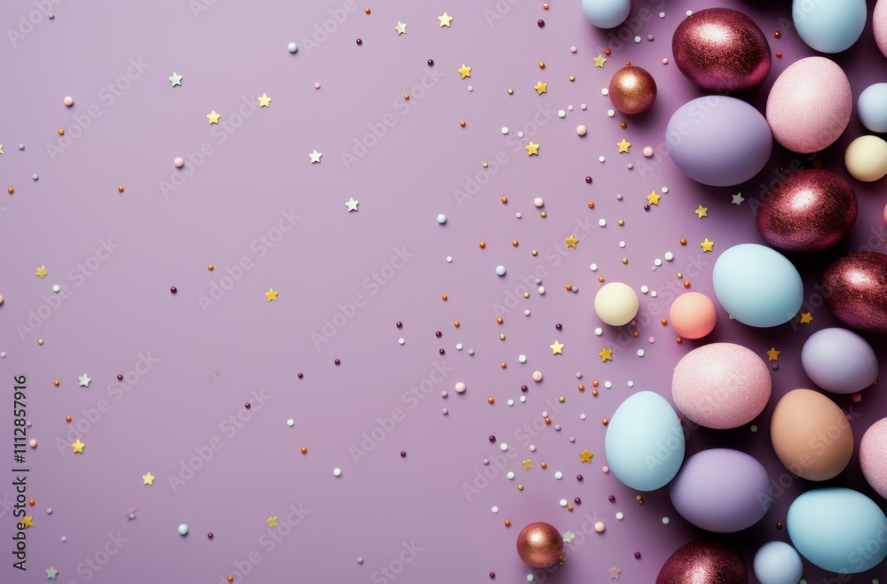 Pastel eggs and confetti on a light purple background for spring celebration Pastel eggs and confetti on a light purple background for spring celebration