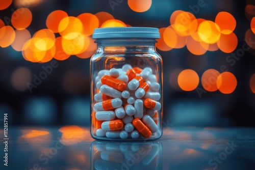 Colorful capsules arranged in a clear jar against a blurred background in a d...