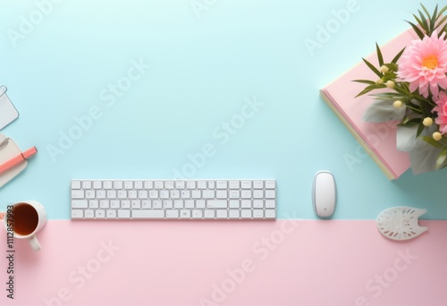 Cozy modern workspace with laptop, books, and plants in bright pastel colors