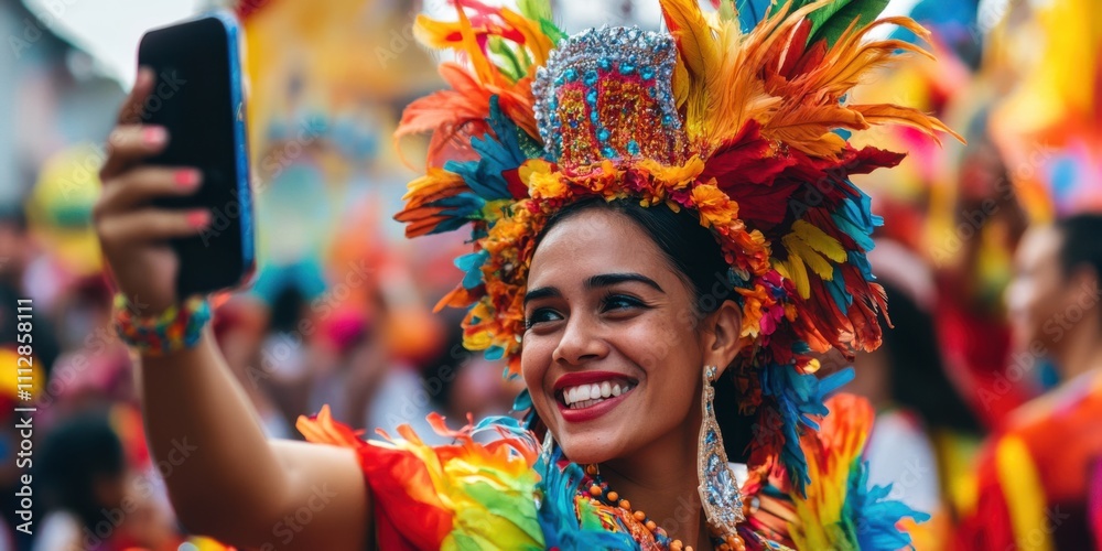 Fototapeta premium A traveler taking a selfie while exploring a local festival or parade