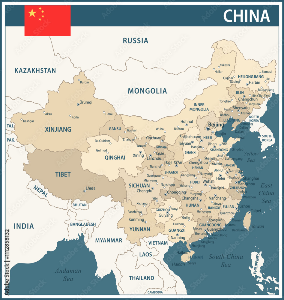 Fototapeta premium China Map Vector Vintage Dark Blue Beige - Customizable layered political map of China with administrative divisions for website, education, reports, news, politics, print, poster and wallpaper