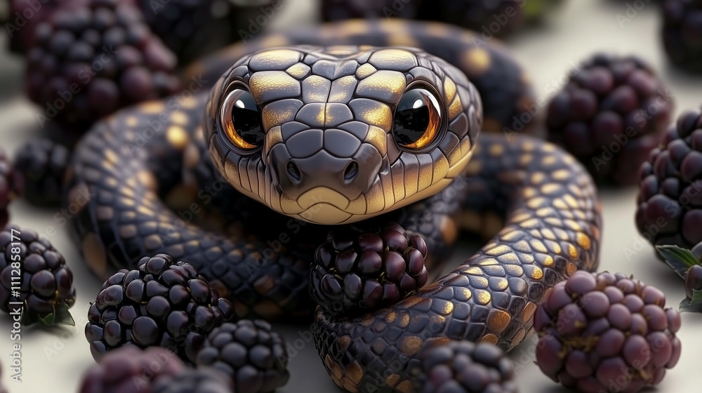 Fototapeta premium wallpaper cute black and yellow snake in berries, background, wallpaper