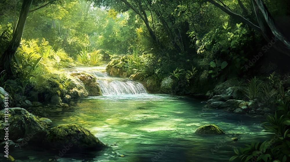 Naklejka premium Crystal-clear river flowing through a lush green forest