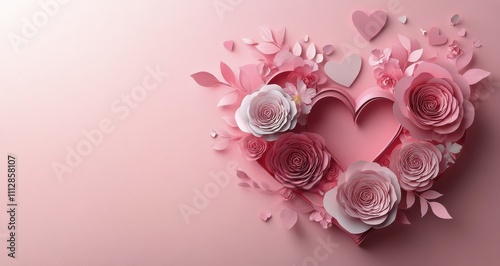 Heart shaped arrangement of pink paper flowers with delicate leaves on a soft...