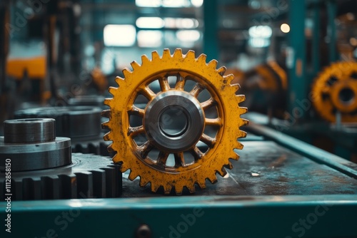 Close view of a large yellow gear in a factory during daytime operations