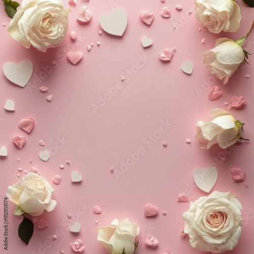 Romantic roses and heart decorations create a delicate arrangement on a soft ...