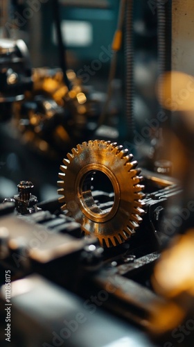 Close up view of intricate brass gears and machinery components in a workshop...