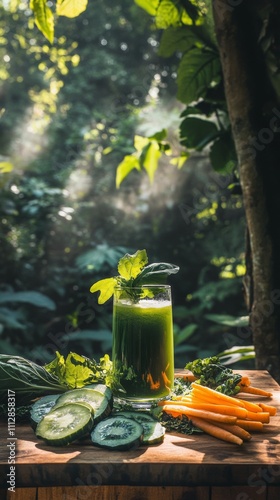 Fresh vegetable juice garnished with herbs in a sunny outdoor setting during ...