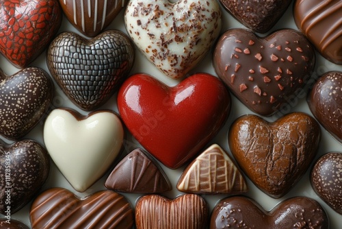Assorted chocolate hearts arranged beautifully for a romantic celebration or ...