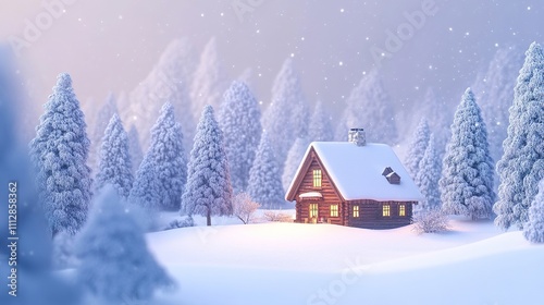 Cozy winter scene with a cabin surrounded by snow-covered trees