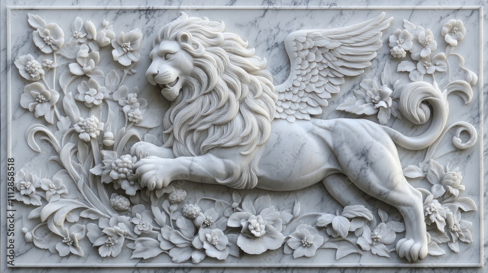 White marble relief carving of winged lion amidst floral designs. White marble relief carving of winged lion amidst floral designs.