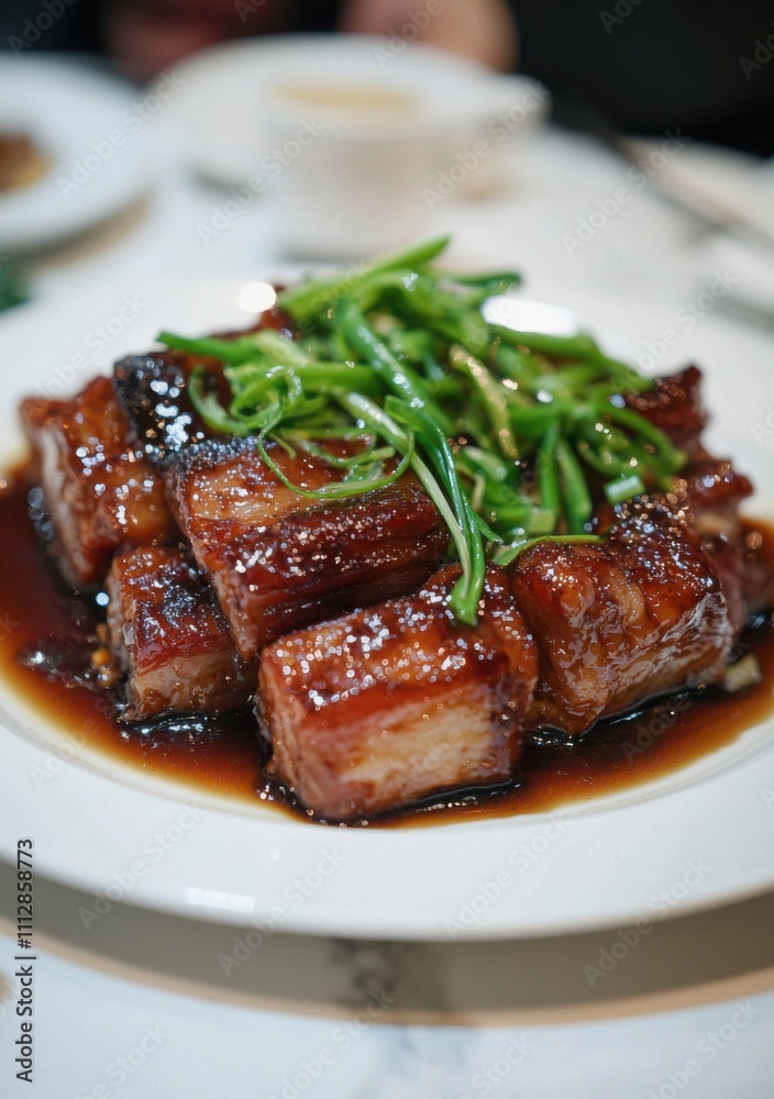 Succulent braised pork belly, glazed to perfection and garnished with vibrant green onions. A culinary delight for the senses. Succulent braised pork belly, glazed to perfection and garnished with vibrant green onions. A culinary delight for the senses.