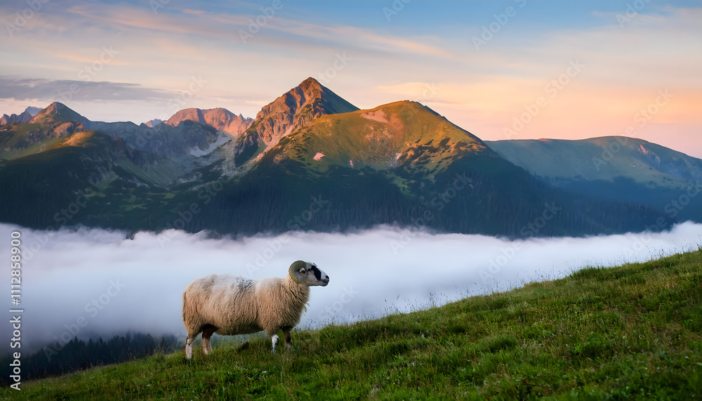 Obraz premium In the enchanting Tatra Mountains, a curious sheep grazes peacefully in the vibrant green meadows, surrounded by majestic peaks as the sun sets, painting the sky with warm hues