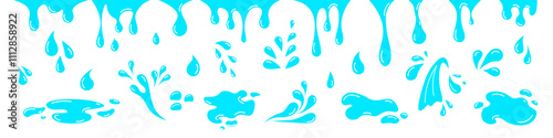 Set of icons of drops, liquid splashes, puddles, raindrops, pouring water, design elements. Vector illustration.