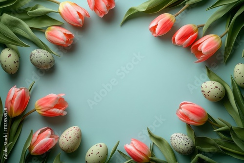 Colorful spring tulips and decorative eggs arranged for an Easter celebration