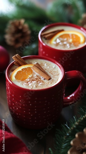 Warm holiday drinks served in red mugs with spices and orange slices on a fes...