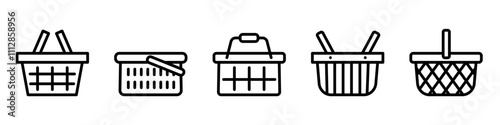 Set of linear icons shopping basket icons in a store. Grocery basket .
 Blank template.
Vector illustration.