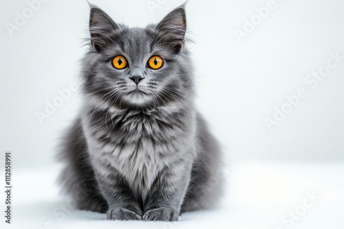 Grey fluffy cat with bright yellow eyes relaxing on soft white surface