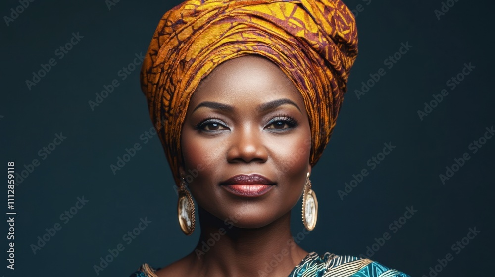 Portrait of a woman in a vibrant orange patterned headwrap with elegant earrings, posing against a dark background Portrait of a woman in a vibrant orange patterned headwrap with elegant earrings, posing against a dark background