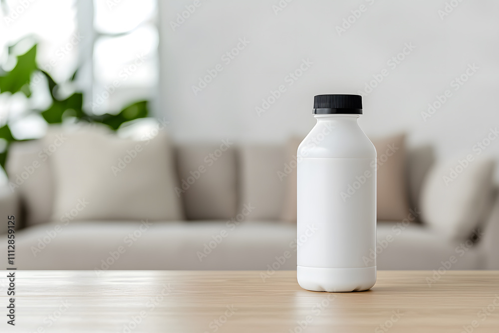 White Milk Bottle on a Wooden Table in a Modern Living Room, Complemented by Sleek Furniture and a Cozy, Contemporary Atmosphere White Milk Bottle on a Wooden Table in a Modern Living Room, Complemented by Sleek Furniture and a Cozy, Contemporary Atmosphere