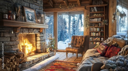 Cozy fireside scene in a rustic cabin during winter