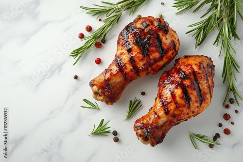 Juicy roasted chicken drumsticks garnished with fresh rosemary on a marble co...