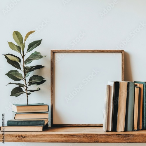Minimalist shelf display featuring plant, empty frame, and stacked books in n...