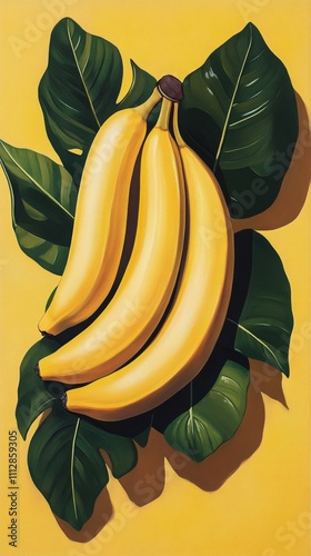 Ripe bananas and plantains against a vibrant yellow background surrounded by ...