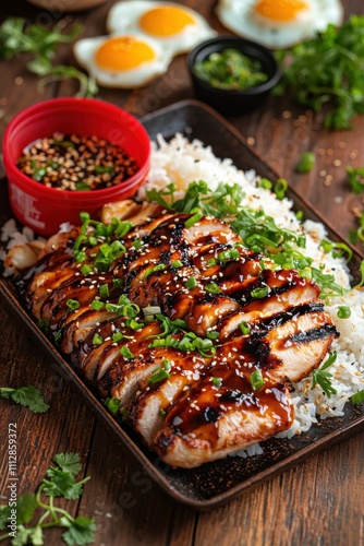 Savor the delicious flavors of teriyaki glazed chicken breast, served over fluffy rice with a side of sesame seeds and fresh herbs. A perfect meal!