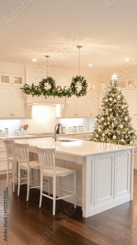 Beautifully decorated kitchen with Christmas tree and festive wreaths during ...
