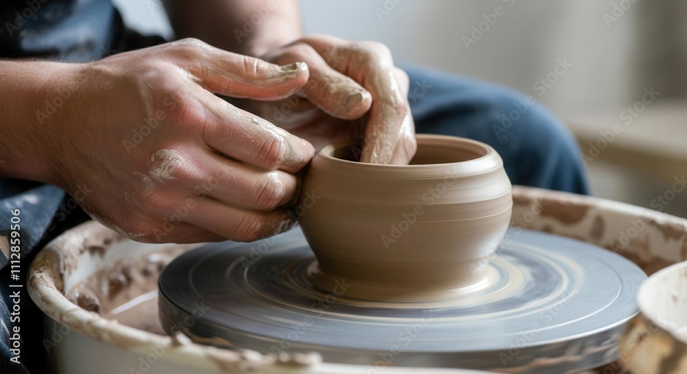 Skilled artisan crafting pottery on wheel with precision care Skilled artisan crafting pottery on wheel with precision care